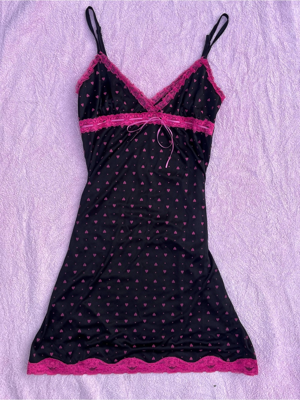 Coquette Slip Dress, Black & Hot Pink Heart-Print Lace Trim M